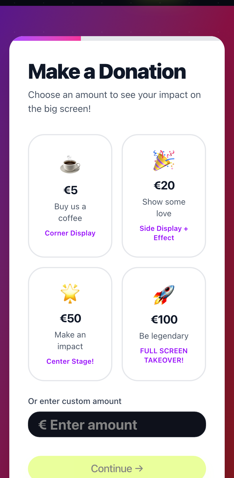 The donor-side donation screen on a phone